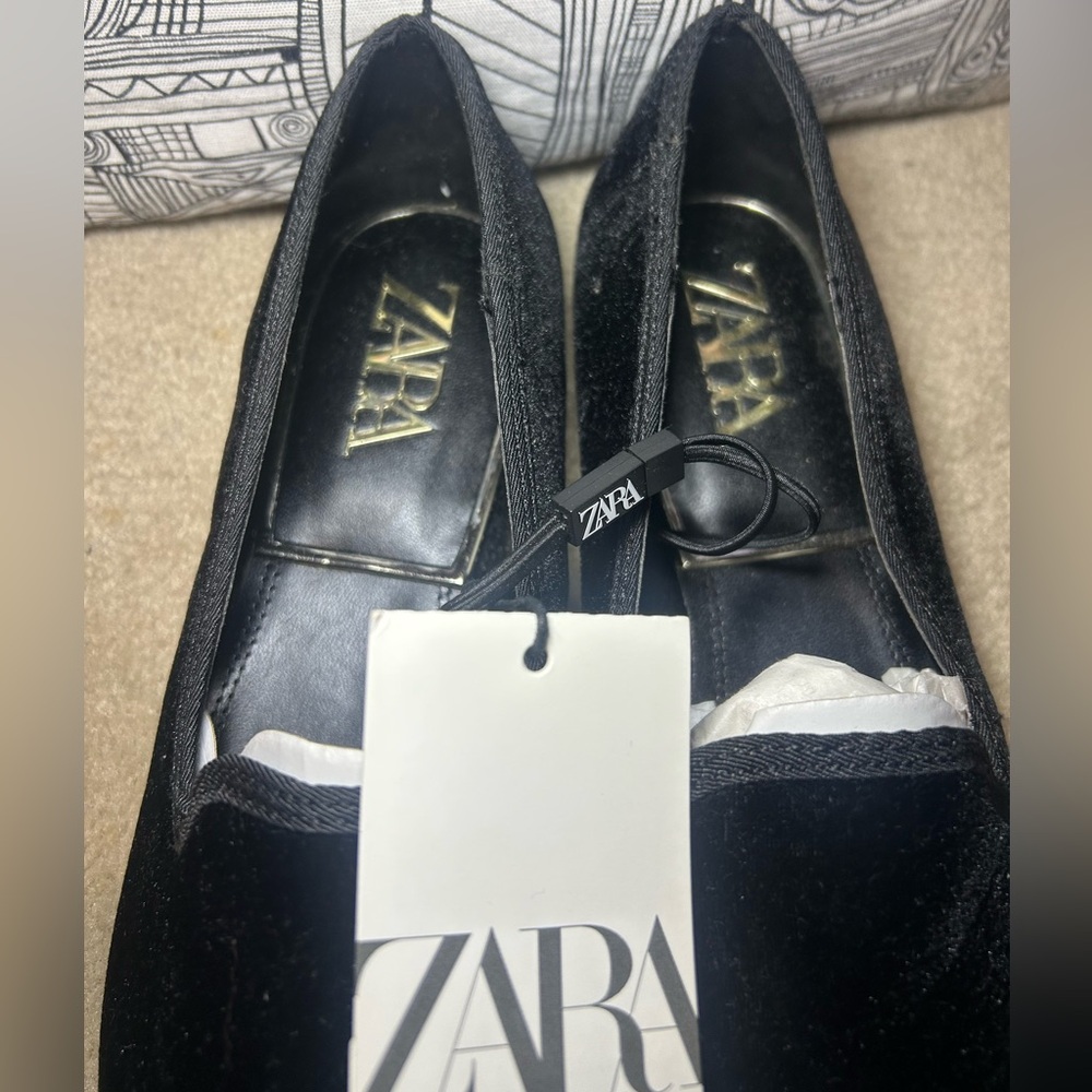 NWT ZARA Black Velvet Square Toe Flat Loafers - Picture 5 of 8